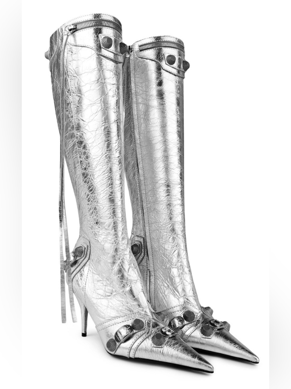 BALENCIAGA Metallic Silver Pointed-Toe Knee-High Stiletto Cagole Boots NEW